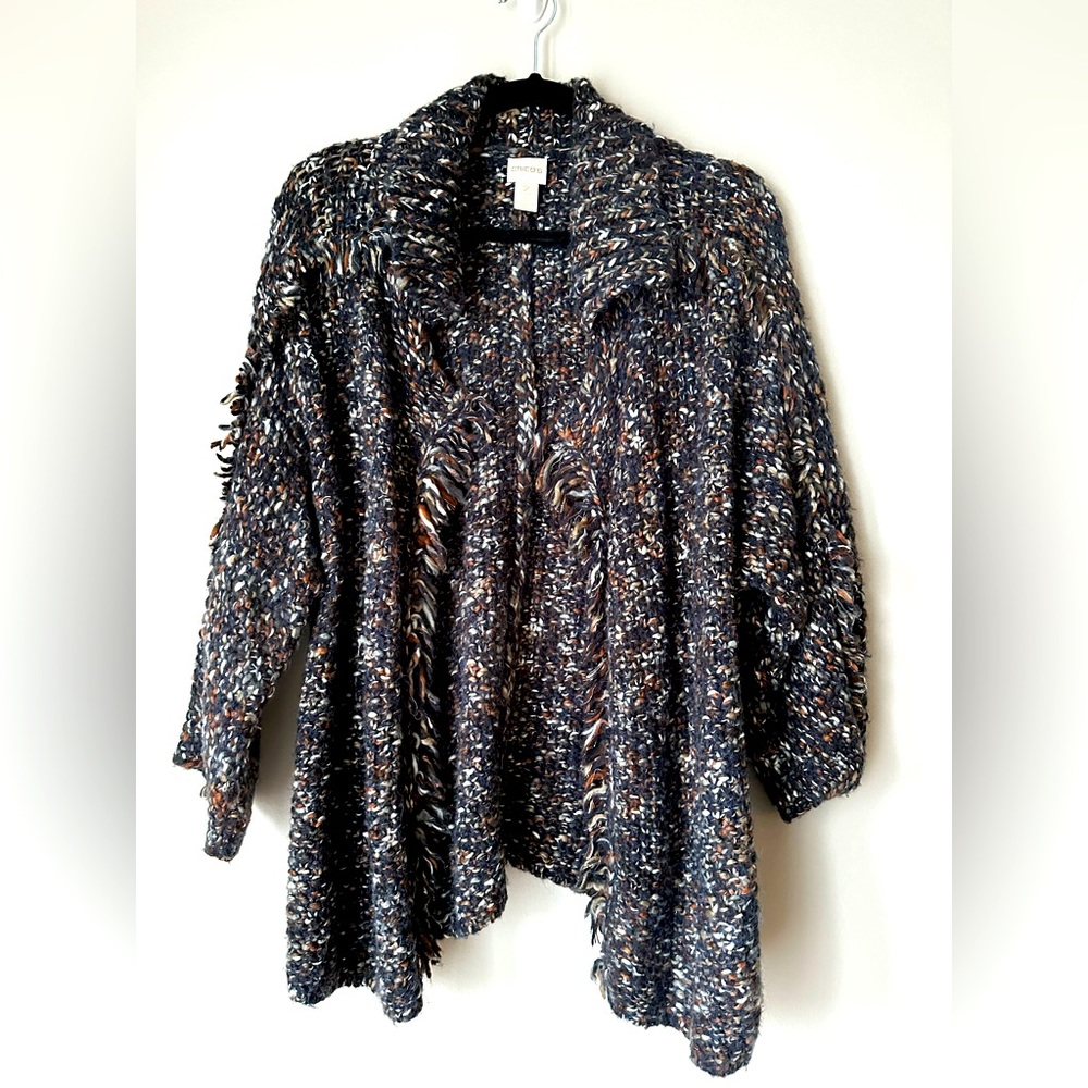 Chicos Size 2 Knitted Cardigan with fringe details on sleeves. Multi colored